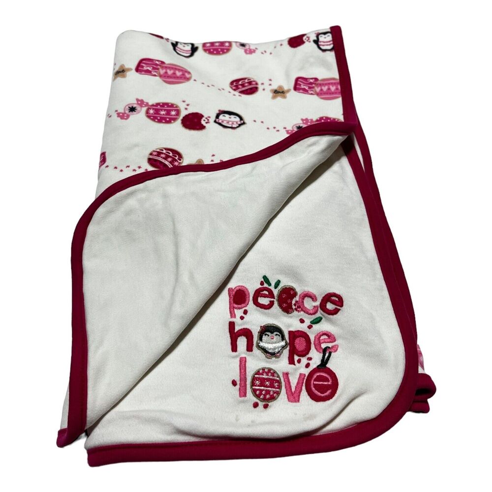 Gymboree Peace Hope Love Christmas Baby Blanket Pink Girl Ornaments Penguins